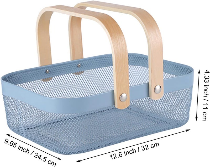 AJIODA Metal Mesh Steel Basket, Storage Organizer Baskets Garden Harvest Basket Multi-functional Kitchen Fruit Baskets Bin with Wooden Handle for Bathroom Picnic Shopping Decor Cabinet Home, Blue - Image 3